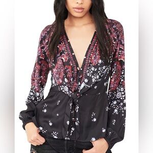 Free People Pink Black Long Sleeve Tie Front Blouse